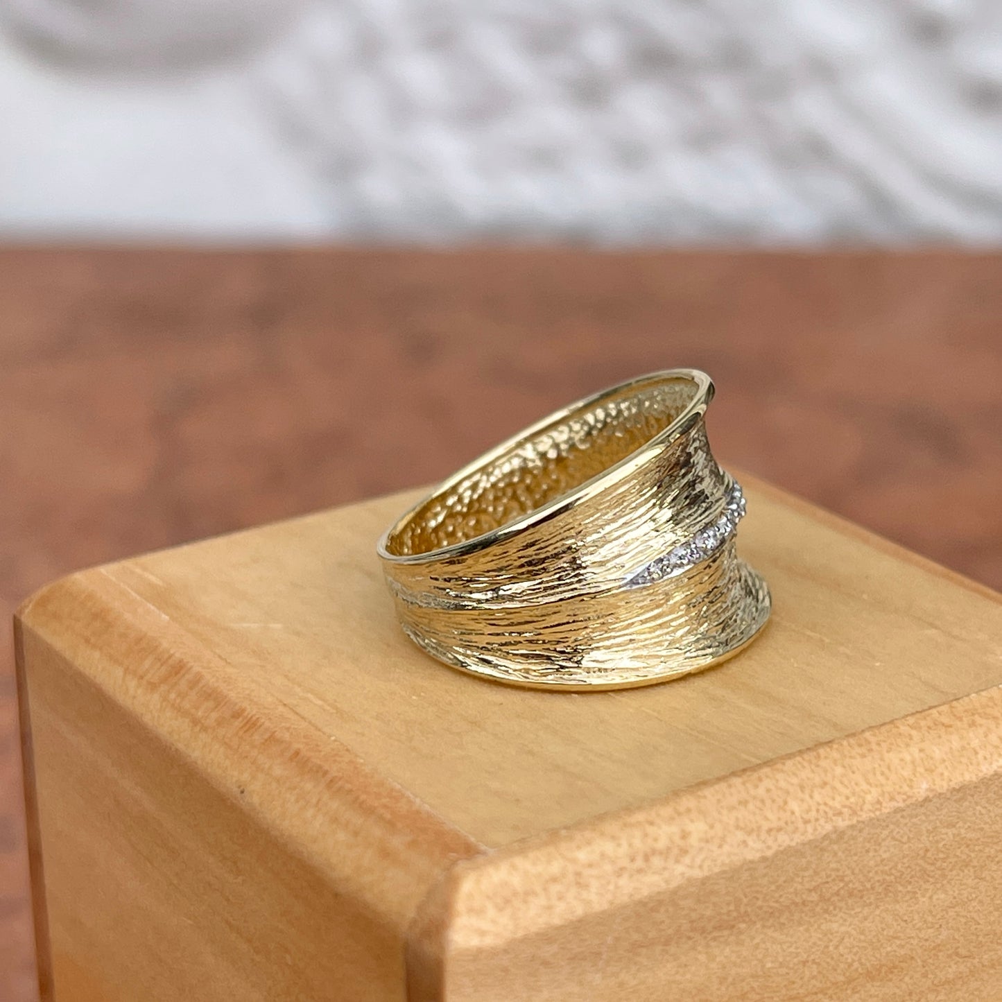14KT Yellow Gold Textured Pave Diamond Cigar Band Ring