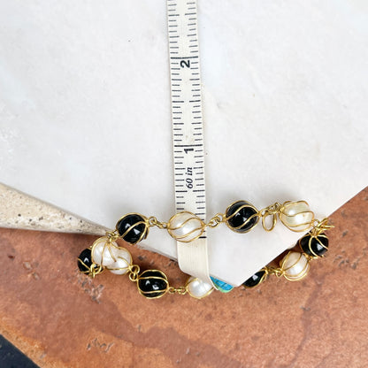 Estate 14KT Yellow Gold Caged Round Black Onyx + Pearl Link Bracelet