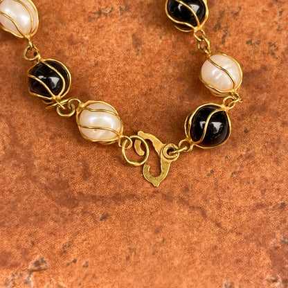 Estate 14KT Yellow Gold Caged Round Black Onyx + Pearl Link Bracelet