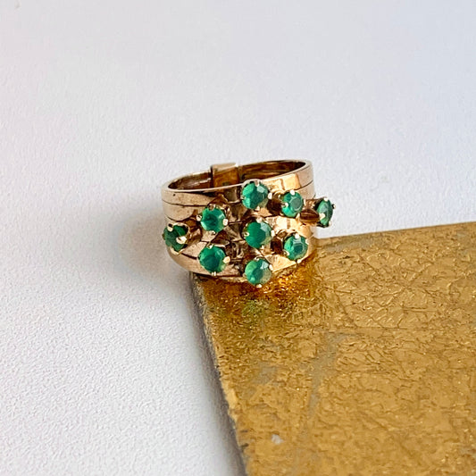 Estate 14KT Yellow Gold 9 Emerald Multi-Band Ring