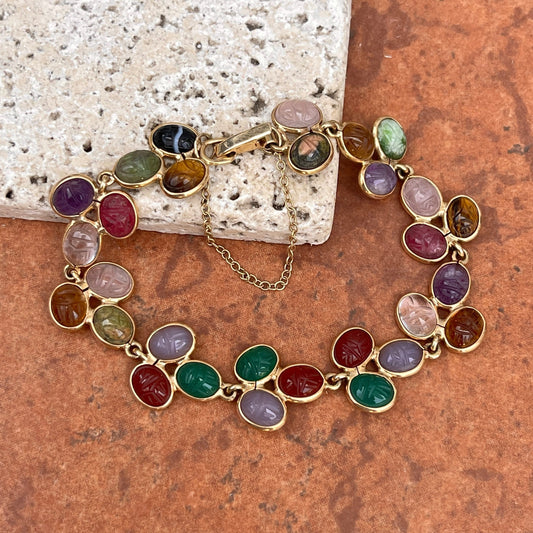 Estate 14KT Yellow Gold Oval Scarab Carved Multi-Gemstone Link Bracelet