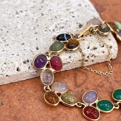 Estate 14KT Yellow Gold Oval Scarab Carved Multi-Gemstone Link Bracelet