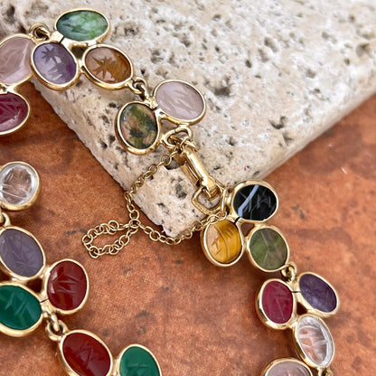 Estate 14KT Yellow Gold Oval Scarab Carved Multi-Gemstone Link Bracelet