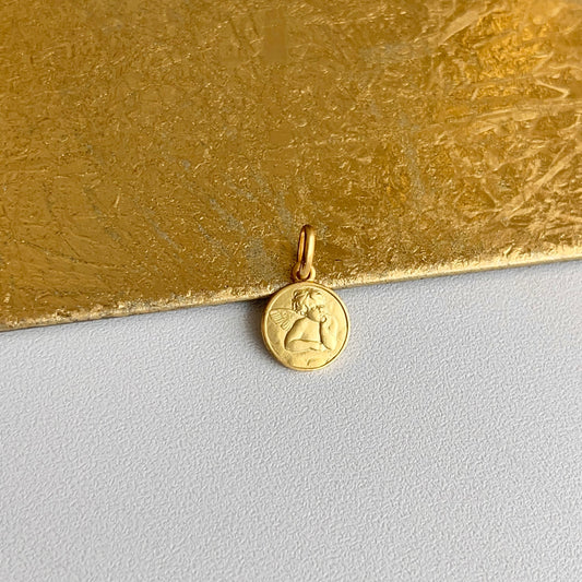 14KT Yellow Gold Matte Baby Angel Raphael Medal Pendant Charm 10mm