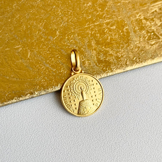 18KT Yellow Gold Matte Our Lady of Pilar Medal Pendant 14mm