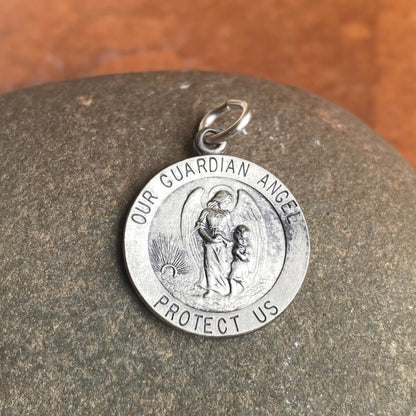 Sterling Silver Antiqued "Our Guardian Angel Protect Us" Round Medal Pendant 25mm, Sterling Silver Antiqued "Our Guardian Angel Protect Us" Round Medal Pendant 25mm - Legacy Saint Jewelry