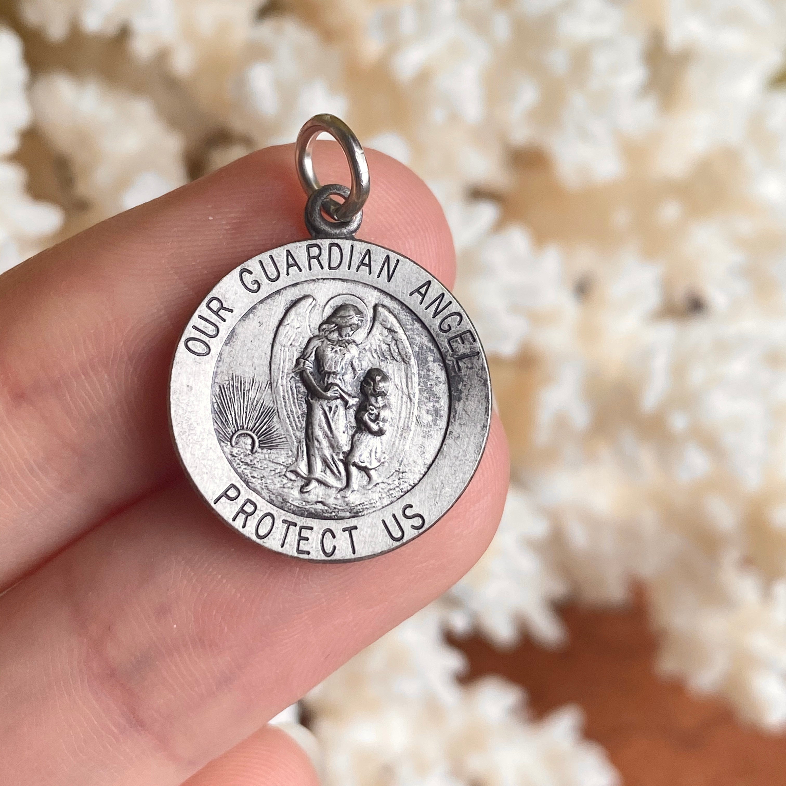 Sterling Silver Antiqued Our Guardian Angel Protect Us Round Medal P LSJ