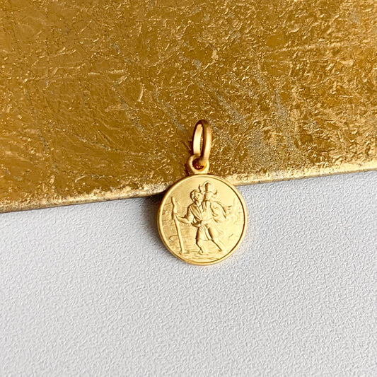 14KT Yellow Gold Matte St Christopher Round Medal Pendant 12mm