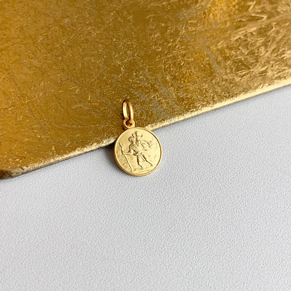 14KT Yellow Gold Matte St Christopher Round Medal Pendant 12mm