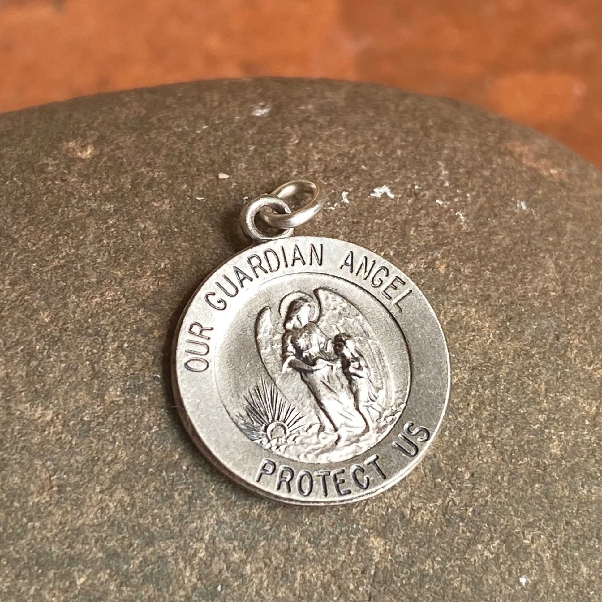 Sterling Silver Antiqued "Our Guardian Angel Protect Us" Round Medal Pendant 20mm, Sterling Silver Antiqued "Our Guardian Angel Protect Us" Round Medal Pendant 20mm - Legacy Saint Jewelry