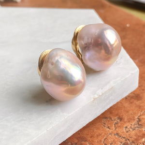 Estate Designer YVEL 18KT Yellow Gold Large Pink South Sea Baroque Pearl Clip-On Earrings, Estate Designer YVEL 18KT Yellow Gold Large Pink South Sea Baroque Pearl Clip-On Earrings - Legacy Saint Jewelry