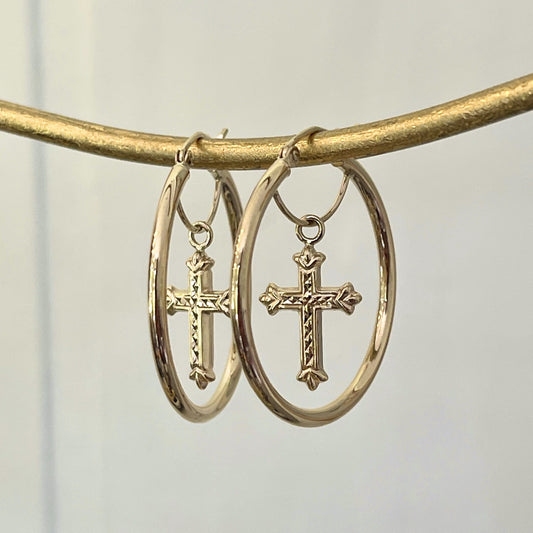 14KT Yellow Gold Cross Charm Hoop Earrings 31mm