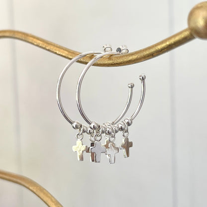 Sterling Silver Cross + Bead Charm Hoop Post Earrings 34mm
