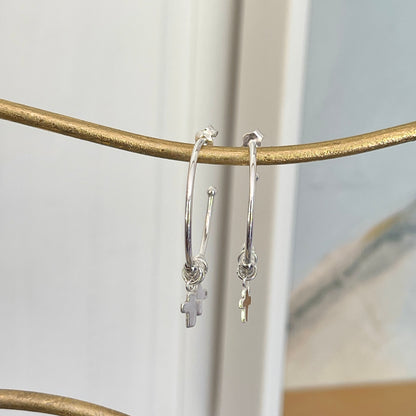 Sterling Silver Cross + Bead Charm Hoop Post Earrings 34mm