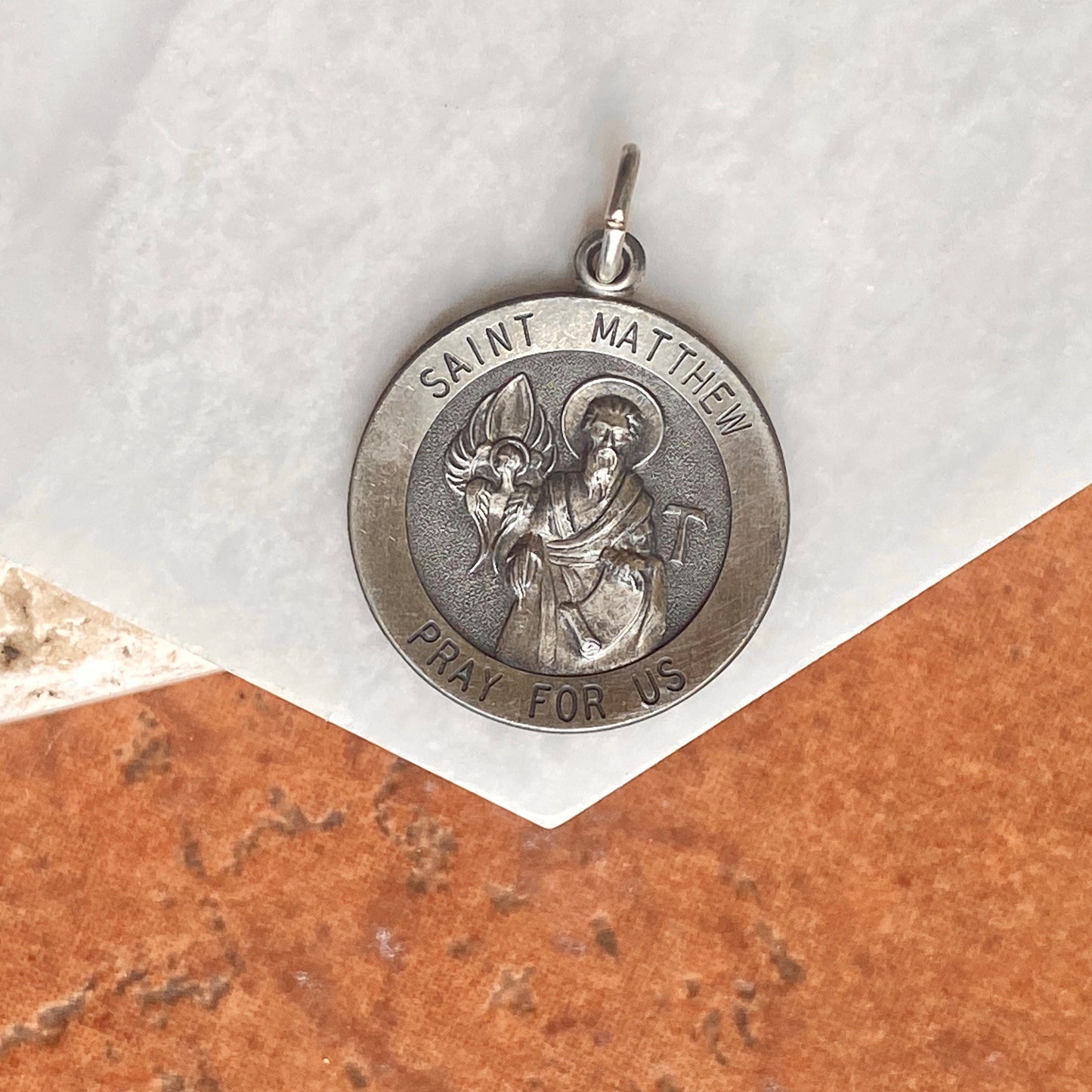 Sterling Silver Antiqued Saint Matthew Round Medal Pendant 31mm, Sterling Silver Antiqued Saint Matthew Round Medal Pendant 31mm - Legacy Saint Jewelry