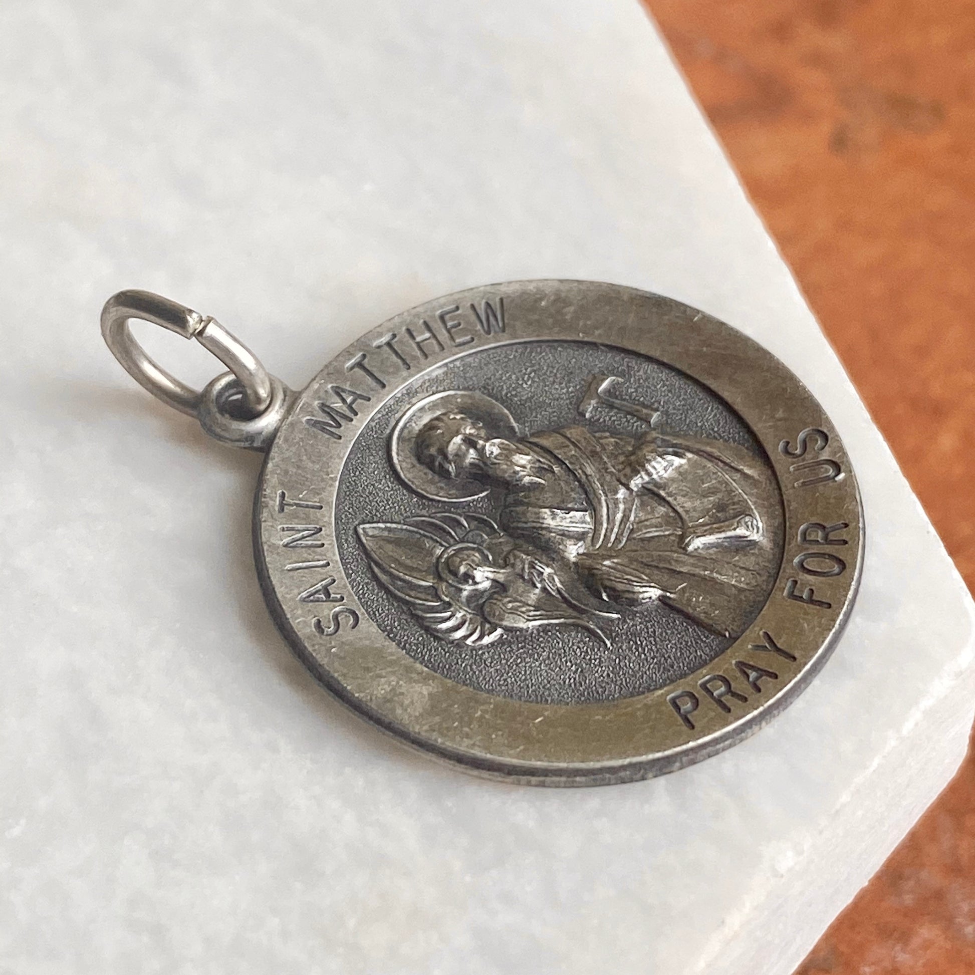 Sterling Silver Antiqued Saint Matthew Round Medal Pendant 31mm, Sterling Silver Antiqued Saint Matthew Round Medal Pendant 31mm - Legacy Saint Jewelry