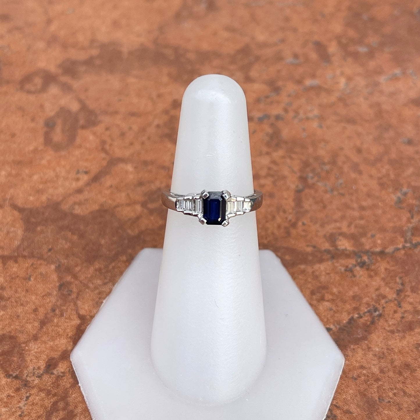 Estate Platinum Emerald-Cut Blue Sapphire + Baguette Diamond Ring
