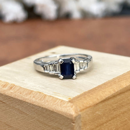 Estate Platinum Emerald-Cut Blue Sapphire + Baguette Diamond Ring