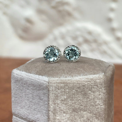 Sterling Silver Round Aquamarine + Diamond Halo Stud Earrings