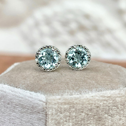 Sterling Silver Round Aquamarine + Diamond Halo Stud Earrings