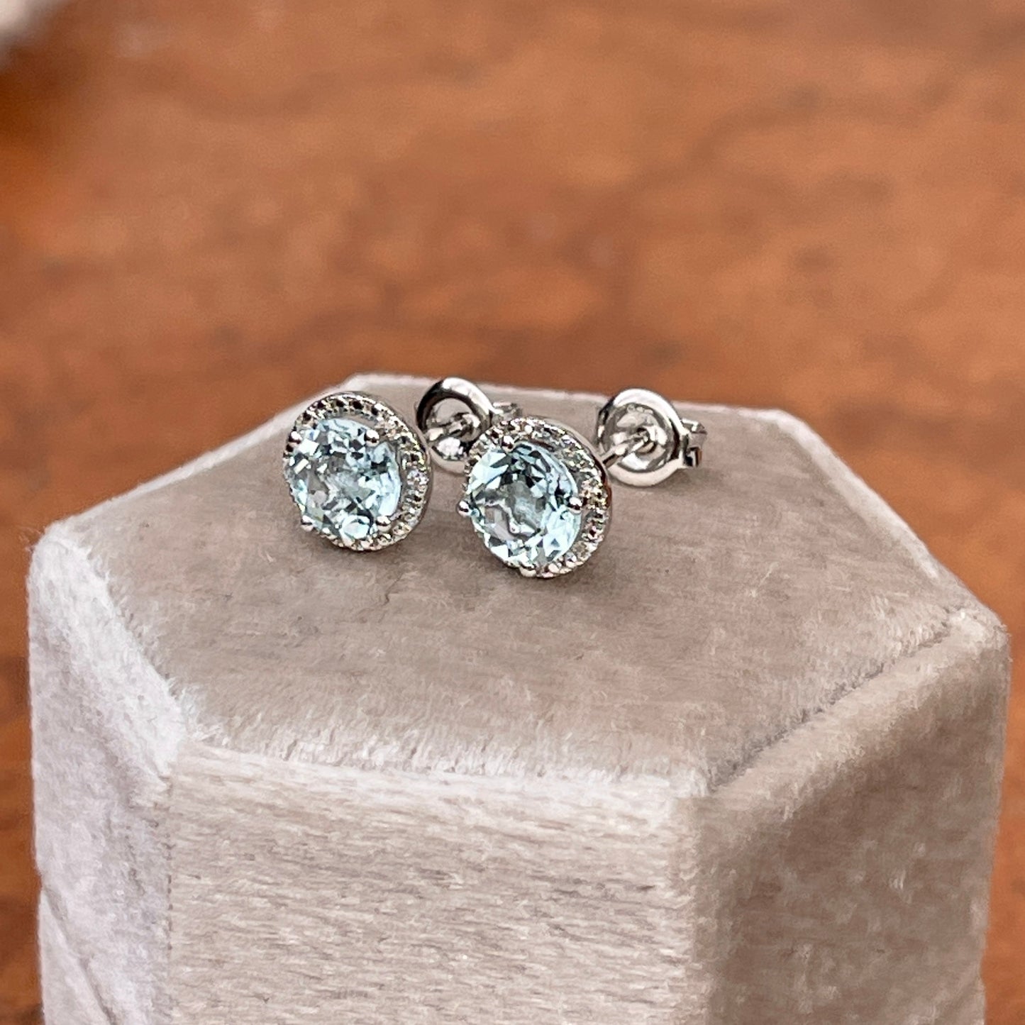 Sterling Silver Round Aquamarine + Diamond Halo Stud Earrings