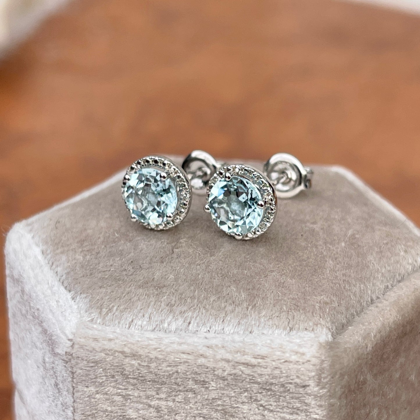 Sterling Silver Round Aquamarine + Diamond Halo Stud Earrings