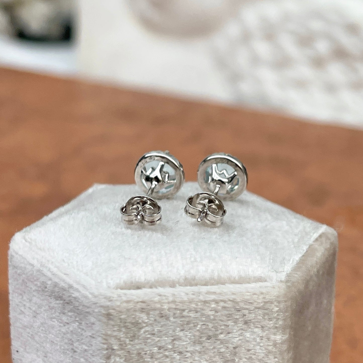 Sterling Silver Round Aquamarine + Diamond Halo Stud Earrings