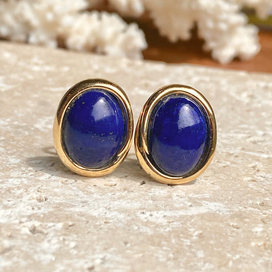 Estate 14KT Yellow Gold Oval Genuine Lapis Omega Back Earrings, Estate 14KT Yellow Gold Oval Genuine Lapis Omega Back Earrings - Legacy Saint Jewelry