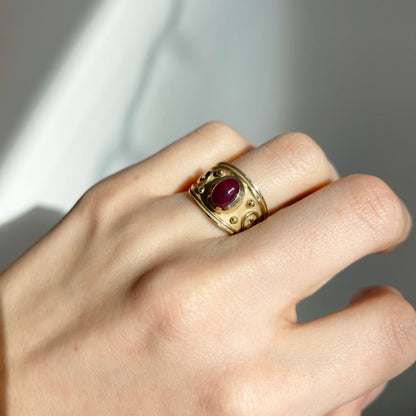 Estate 14KT Yellow Gold Byzantine Oval Ruby Cigar Band Ring