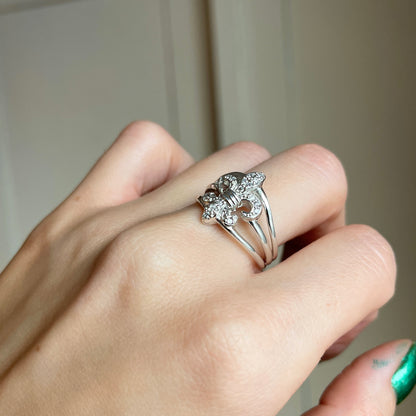 Sterling Silver Pave Diamond Fleur de Lis Open Band Ring