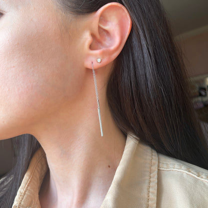 14KT White Gold Pave Diamond Chain Threader Dangle Earrings