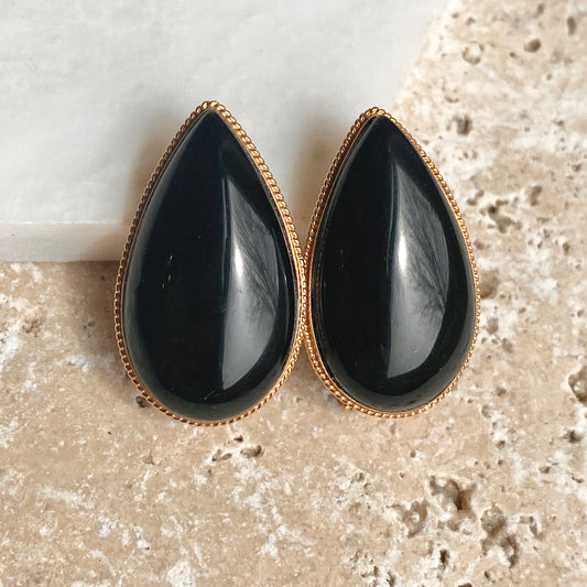 Estate 10KT Yellow Gold Teardrop Black Onyx Omega Back Earrings, Estate 10KT Yellow Gold Teardrop Black Onyx Omega Back Earrings - Legacy Saint Jewelry