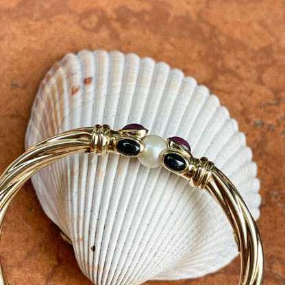 Estate 14KT Yellow Gold Cable Twist Sapphire, Ruby, + Pearl Bangle Bracelet