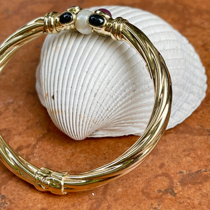 Estate 14KT Yellow Gold Cable Twist Sapphire, Ruby, + Pearl Bangle Bracelet