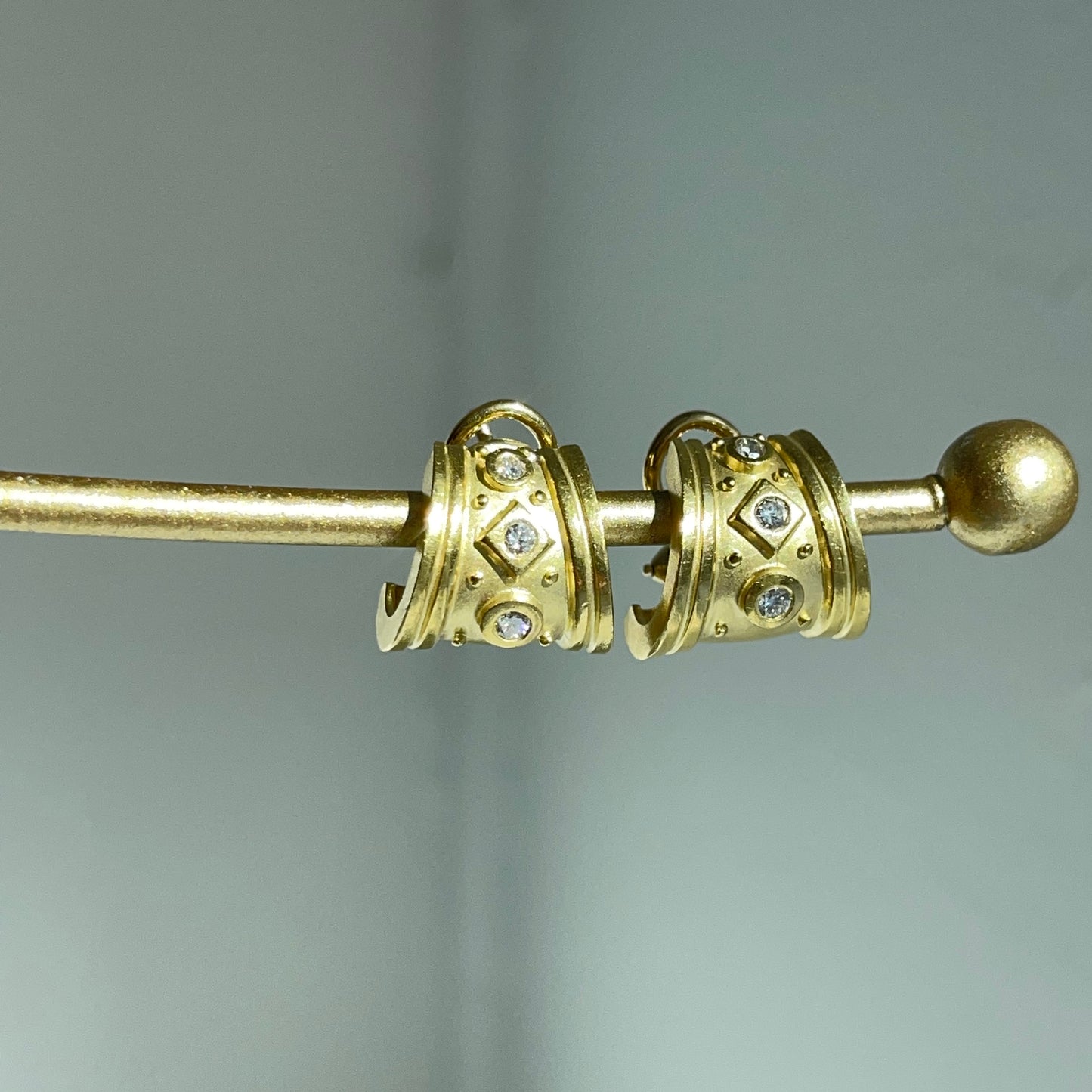 Estate 18KT Yellow Gold Byzantine Matte Diamond Huggie Hoop Earrings