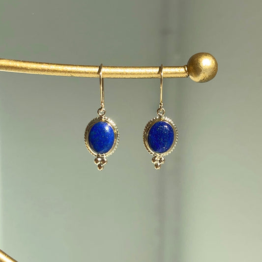 14KT Yellow God Oval Blue Lapis Shepard Hook Earrings