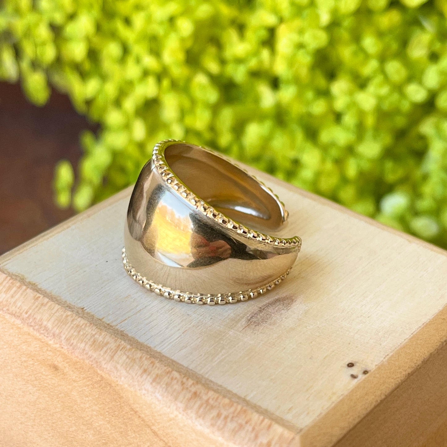 14KT Yellow Gold Polished Beaded Edge Adjustable Cigar Band Ring