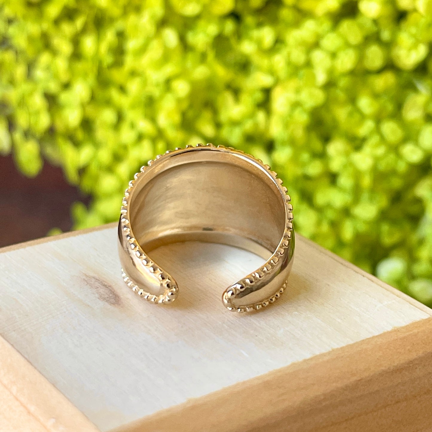 14KT Yellow Gold Polished Beaded Edge Adjustable Cigar Band Ring