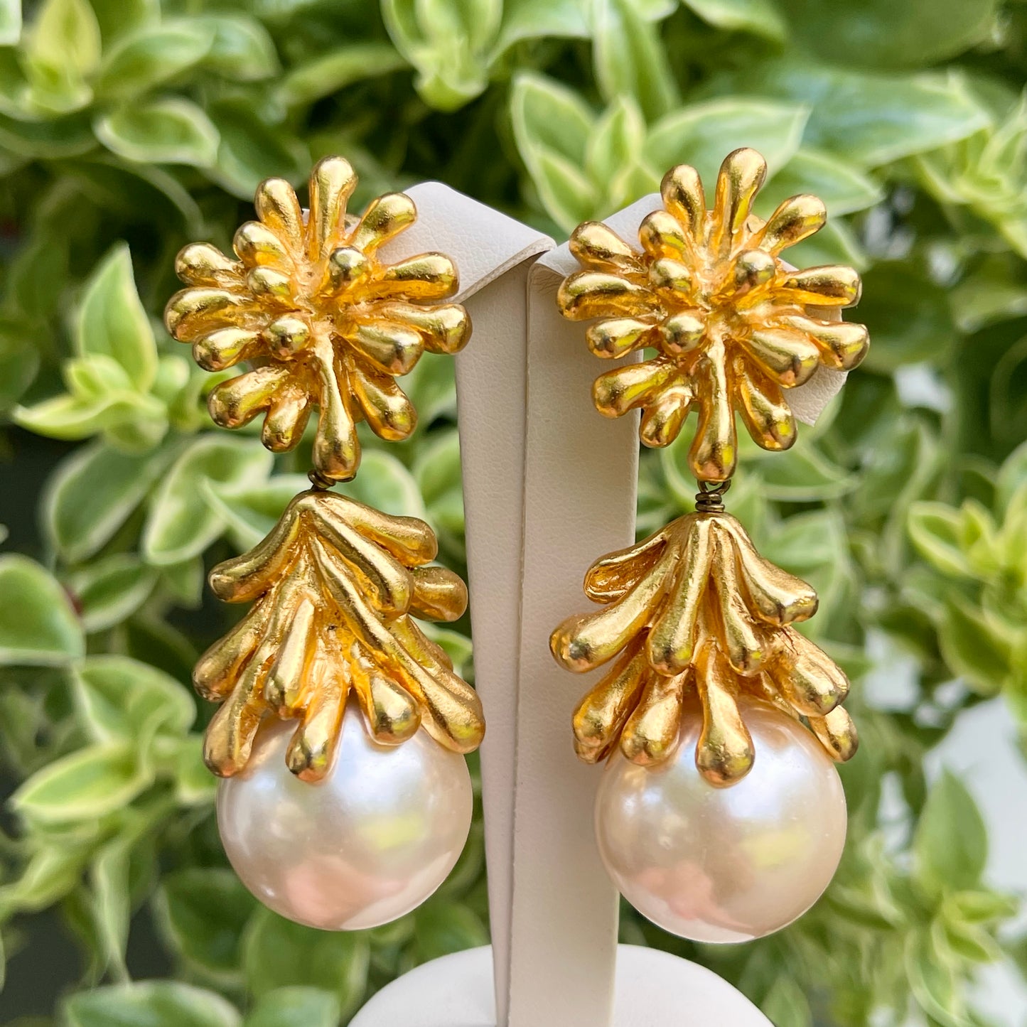 Vintage Christian Lacroix Gold-Tone Sea Anemone Large Pearl Drop Earrings