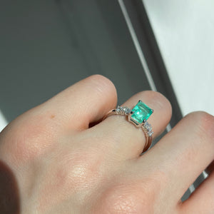 14KT White Gold Colombian 1.79 CT Emerald + Diamond Ring