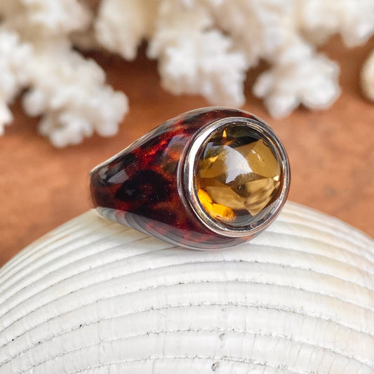 Sterling Silver Leopard Print Enamel Honey Topaz Domed Ring