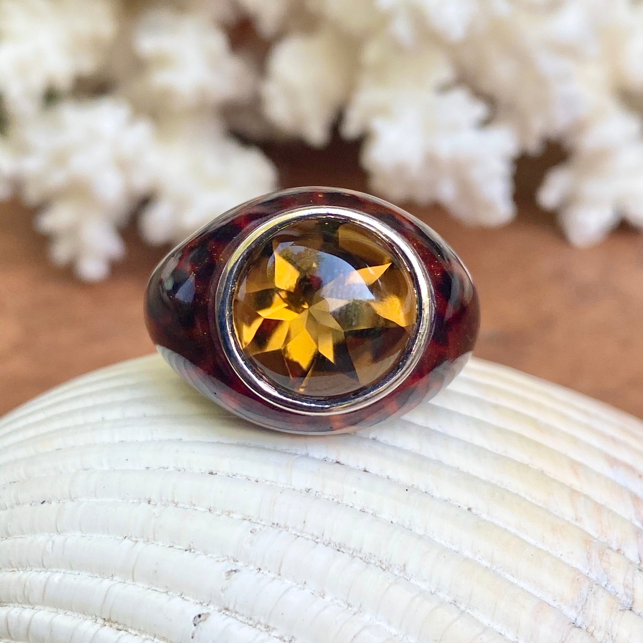 Blossom ring in milky amber and enamel