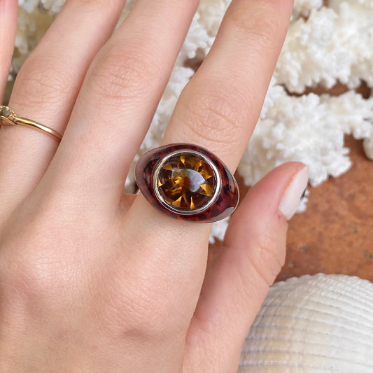 Sterling Silver Leopard Print Enamel Honey Topaz Domed Ring - LSJ