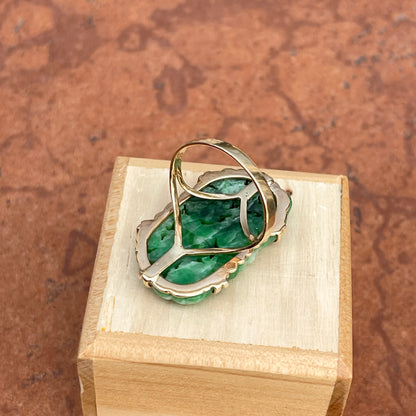 Estate 14KT Yellow Gold Oval Large Carved Green Jade Cocktail Ring