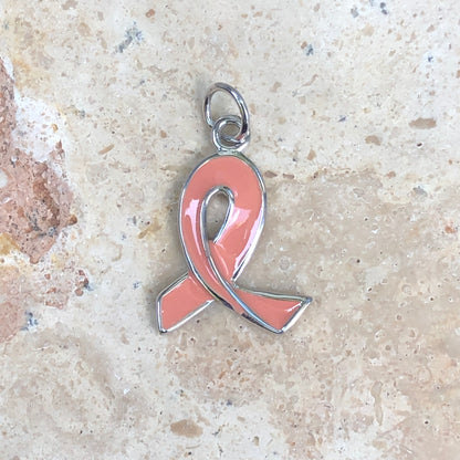 Sterling Silver Pink Enamel Breast Cancer Awareness Ribbon Pendant Charm, Sterling Silver Pink Enamel Breast Cancer Awareness Ribbon Pendant Charm - Legacy Saint Jewelry