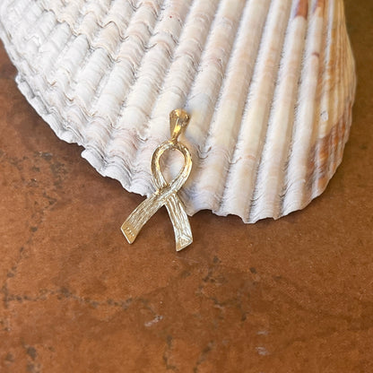 14KT Yellow Gold Diamond-Cut Cancer Awareness Ribbon Pendant Charm