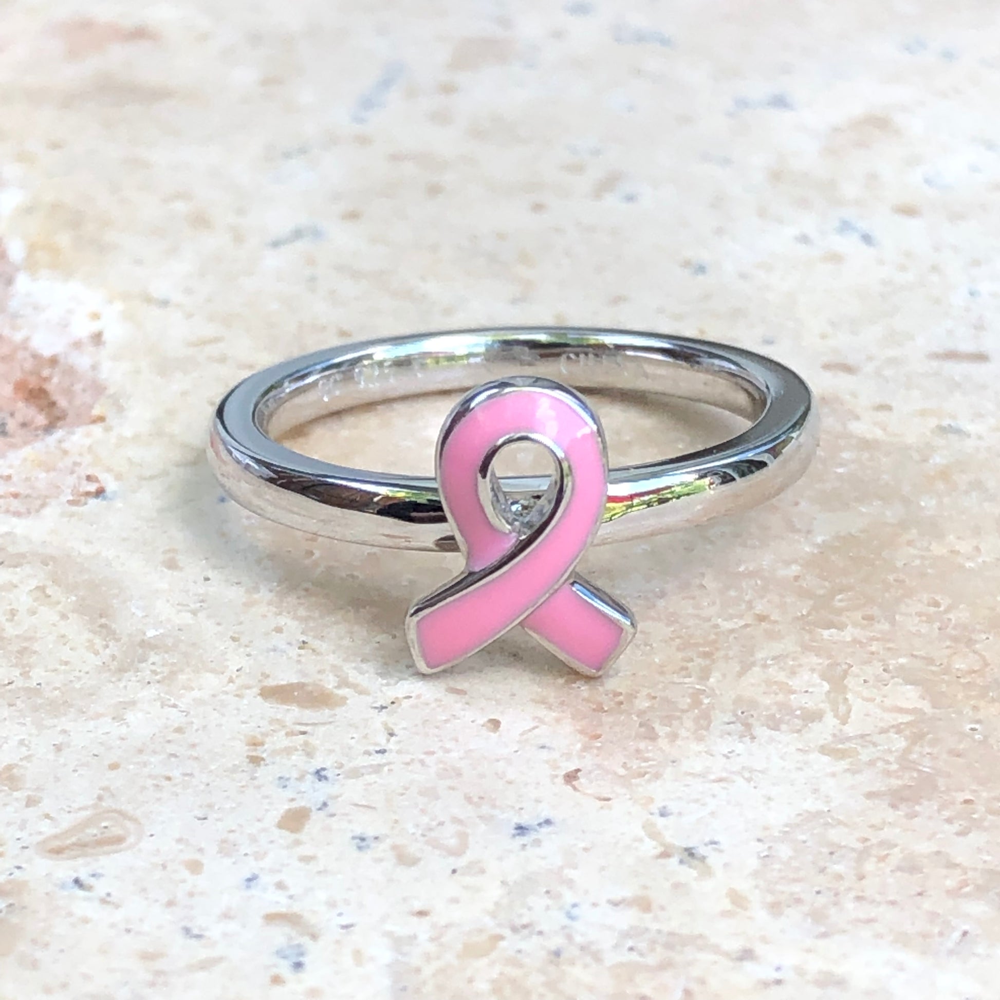 Sterling Silver Pink Enamel Breast Cancer Awareness Ribbon Ring – LSJ