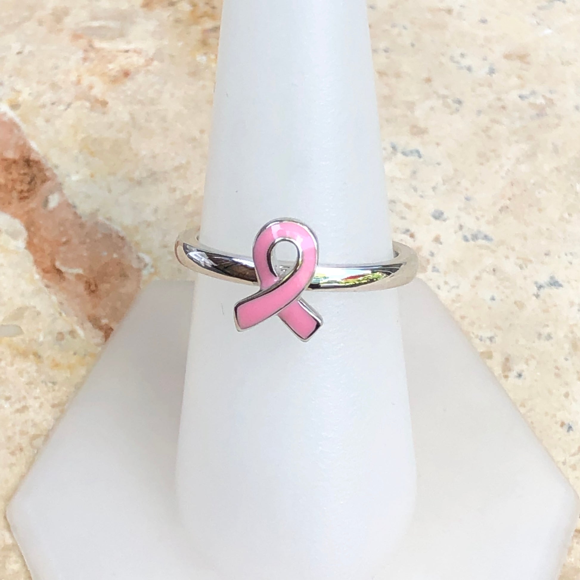 Sterling Silver Pink Enamel Breast Cancer Awareness Ribbon Ring Size 8, Sterling Silver Pink Enamel Breast Cancer Awareness Ribbon Ring Size 8 - Legacy Saint Jewelry