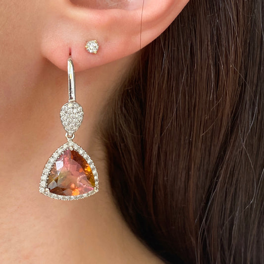 14KT White Gold Pave Diamond + Bi-Color Trillion Tourmaline Lever Back Earrings - Legacy Saint Jewelry