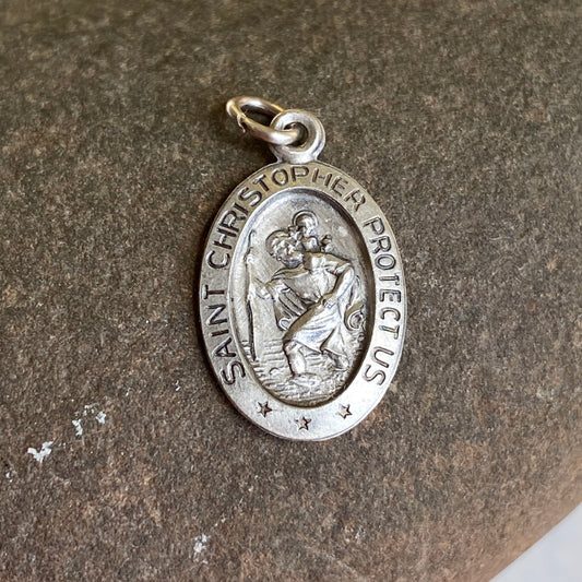 Sterling Silver Antiqued Saint Christopher Oval Medal Pendant Charm 21mm, Sterling Silver Antiqued Saint Christopher Oval Medal Pendant Charm 21mm - Legacy Saint Jewelry